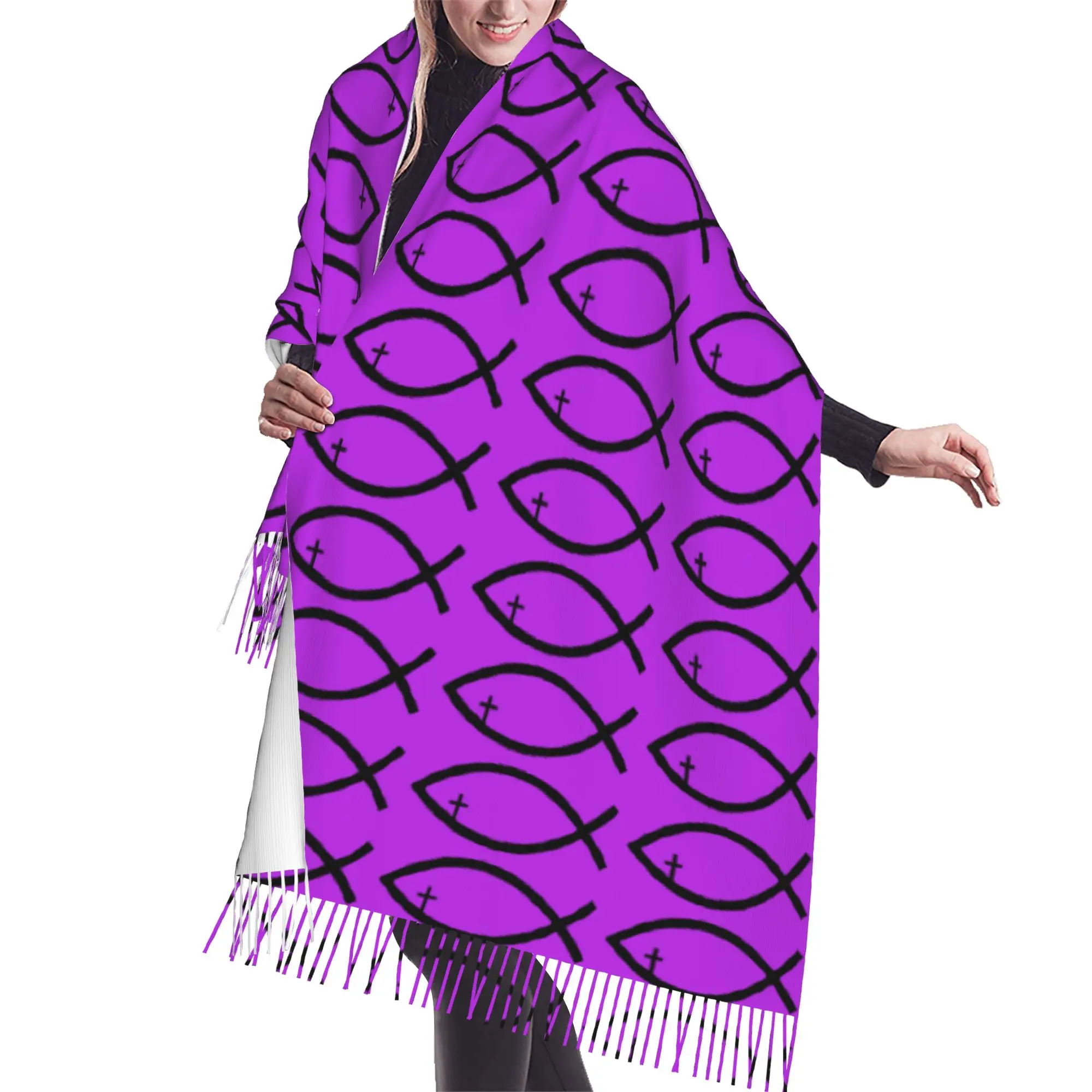 Custom Lady Long Jesus Fish Cross Christ Symbol Religious Scarves Women Winter Fall Soft Warm Tassel Shawl Wraps  Scarf