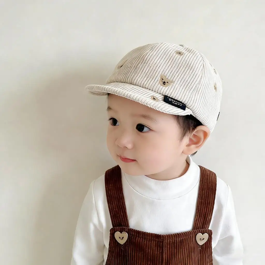 Spring Cotton Corduroy Bear Print Hat Cartoon Cute Baby Baseball Hat Solid Color Duck Tongue Cap Boys Girls Toddler Kids Hat view 3