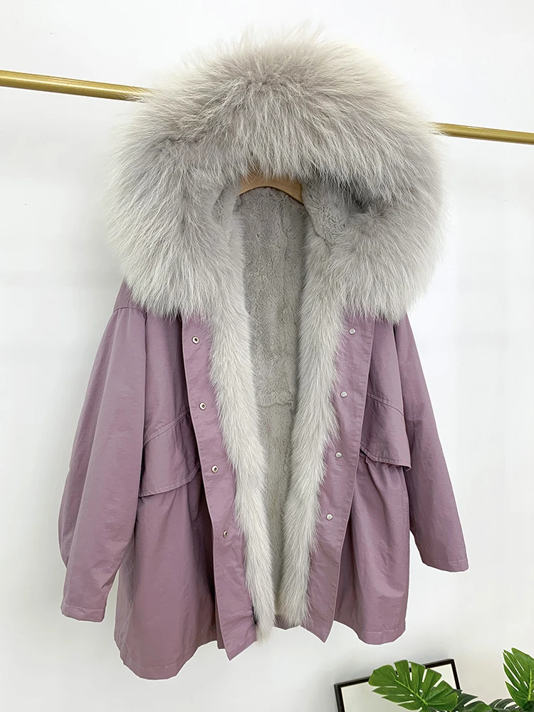 سترة شتوية مبطنة بفرو أرنب ريكس للنساء، معطف بومبر باركا مع غطاء رأس من فرو الثعلب والراكون الحقيقي، سميك ودافئ، ملابس خارجية للشارع