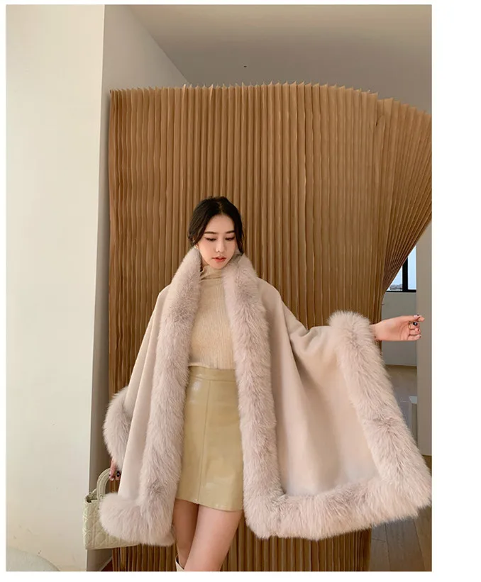 الفاخرة النساء الخريف الدافئة 100% شال صوف مع حقيقية الثعلب الفراء تقليم الشتاء طويل الباشمينا سميكة المعطف يلتف Fashoin الرأس #6