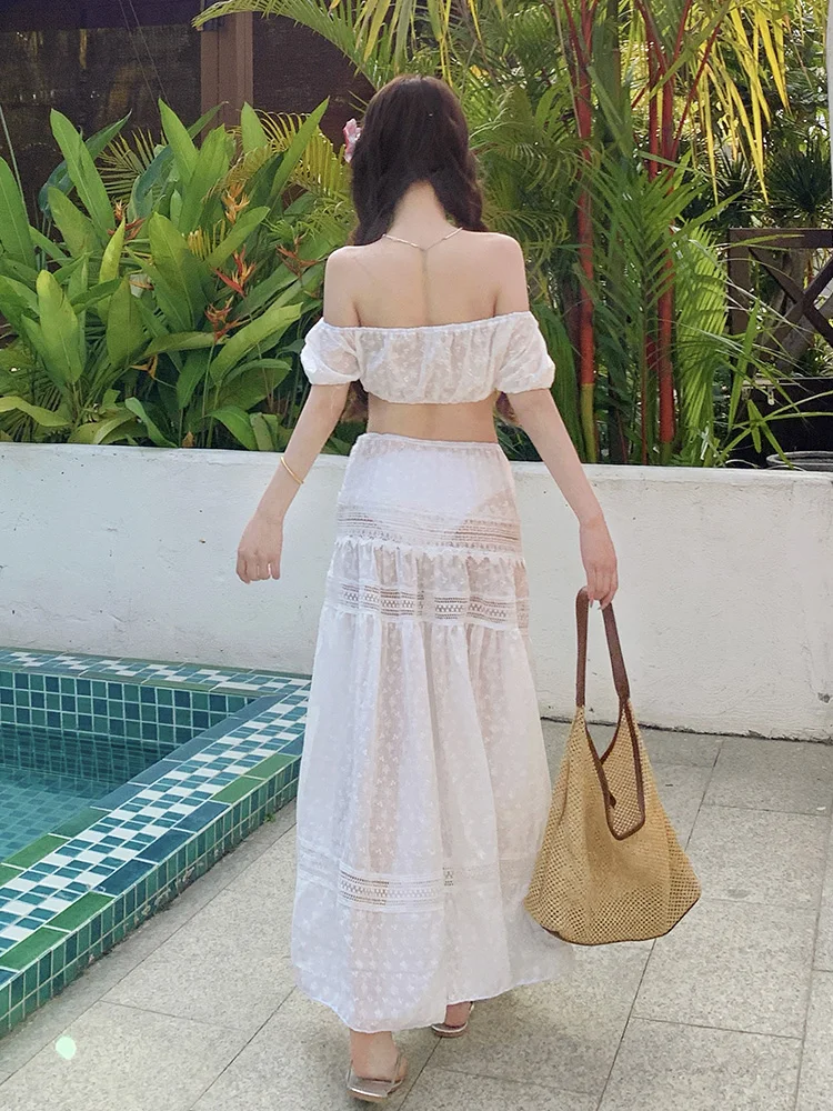 

Sexy Pure Desire White Embroidery One oulder Bikini Tee Piece Set Separate Long Skirt Beach Vaion Swimsuit for Women