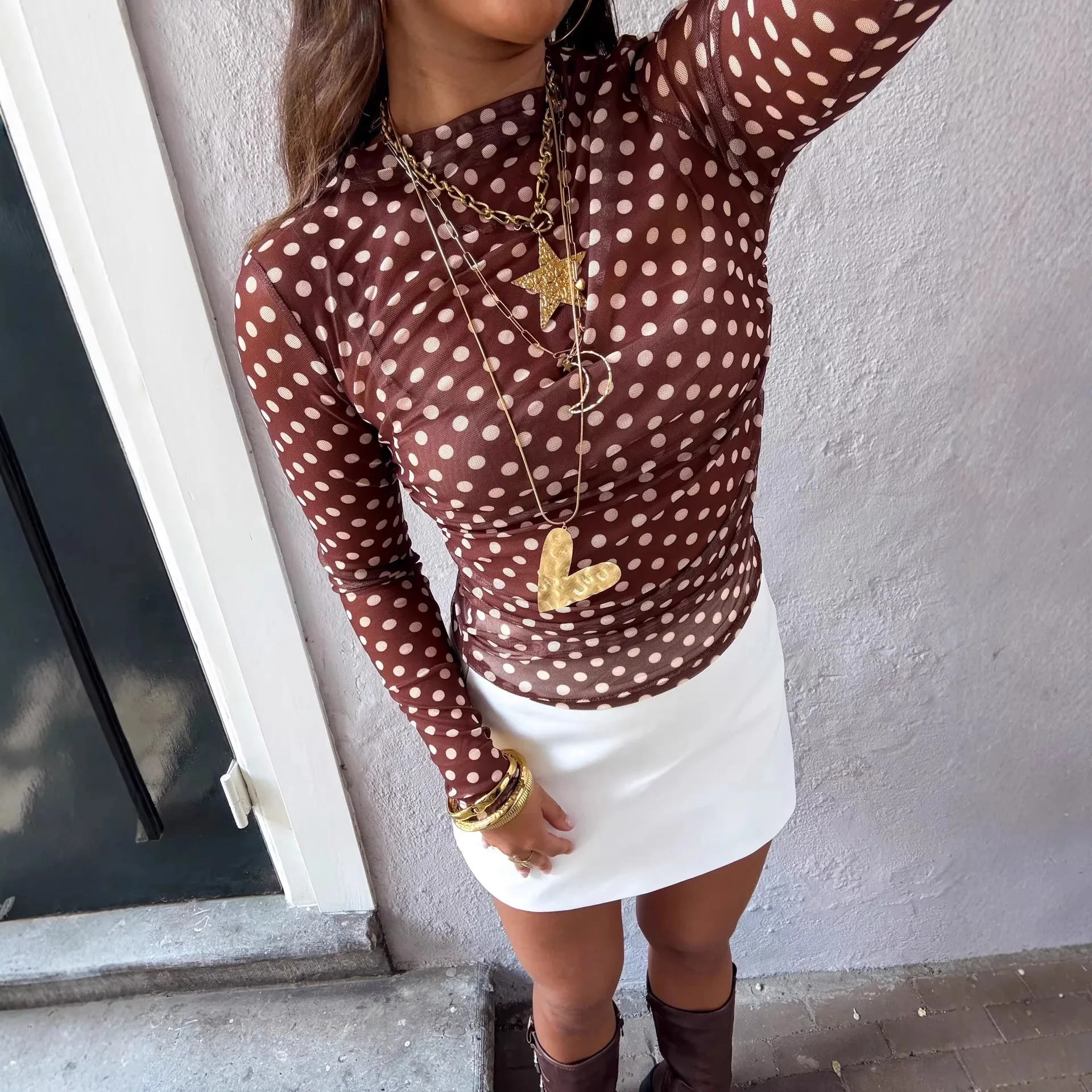 

Winter 2026 New Slim and Thin Onesie Women's Fashion Retro Polka Dot Printed Long-sleeved Top Women