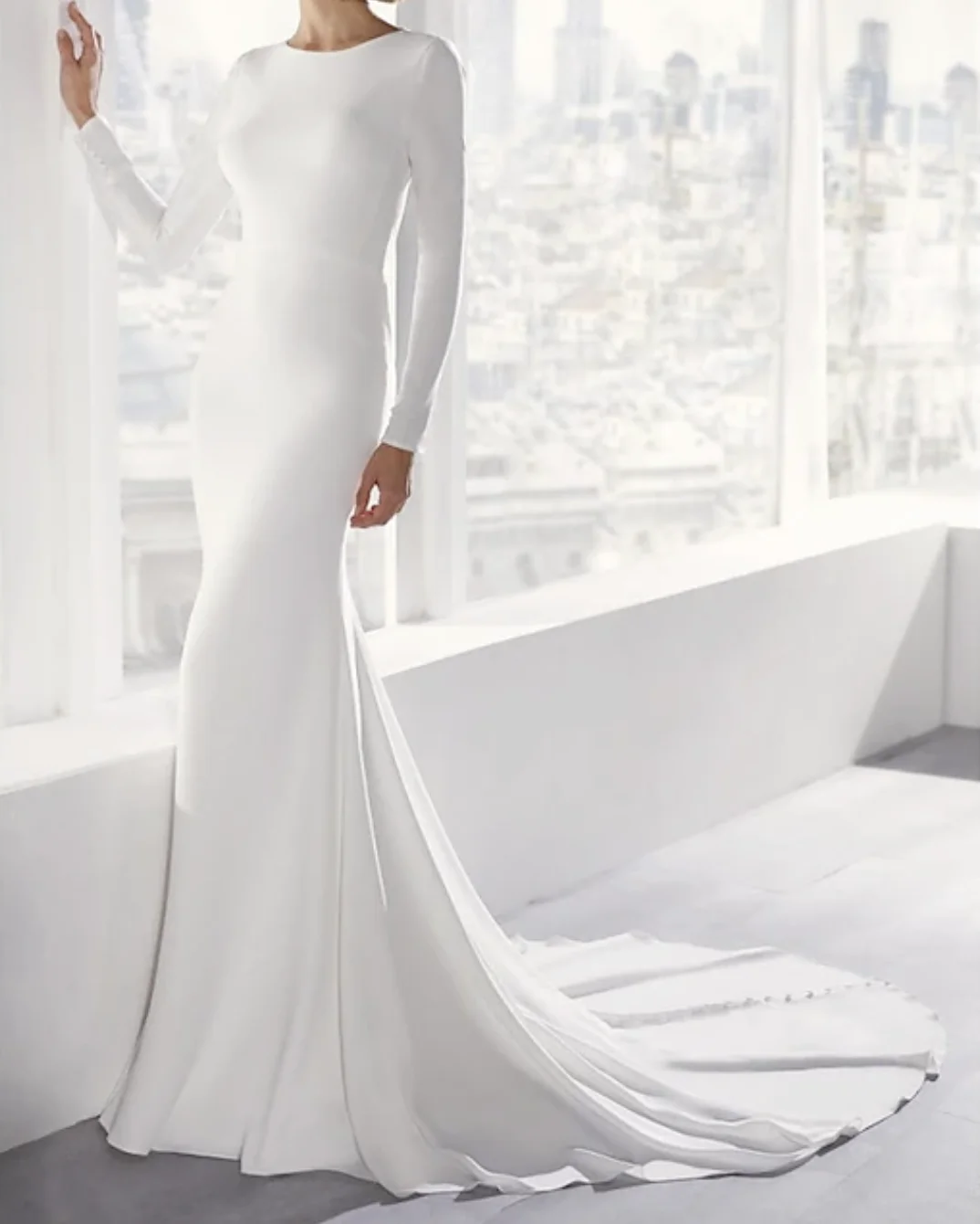 Open Back Simple Wedding Dresses Mermaid / Trumpet Scoop Neck Long Sleeve Stretch Fabric Bridal Gowns With Buttons 2024