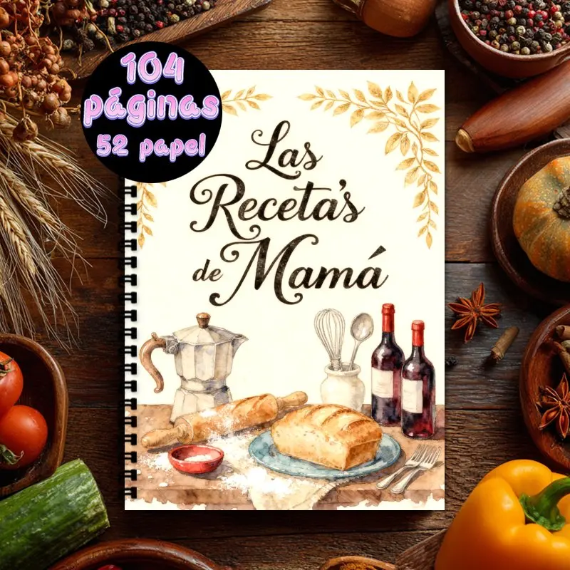 Cuaderno de Recetas Español A5, Libro de Recetas para Hombres y Mujeres (Capacidad para 100 Recetas), Estilo Recetas de Mamá, Diario de Repostería y Cocina