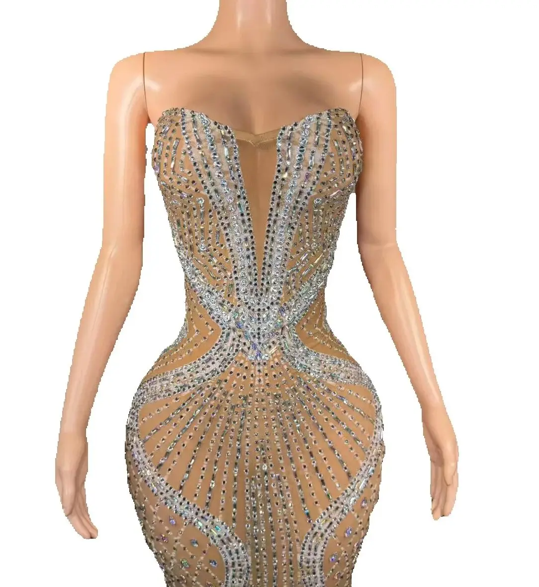 

ZD Luxury Sexy Silver Shiny Rhinestones Dress Birthday Celebrate Evening Party Floor Length Costume Performance Photoshoot Dress