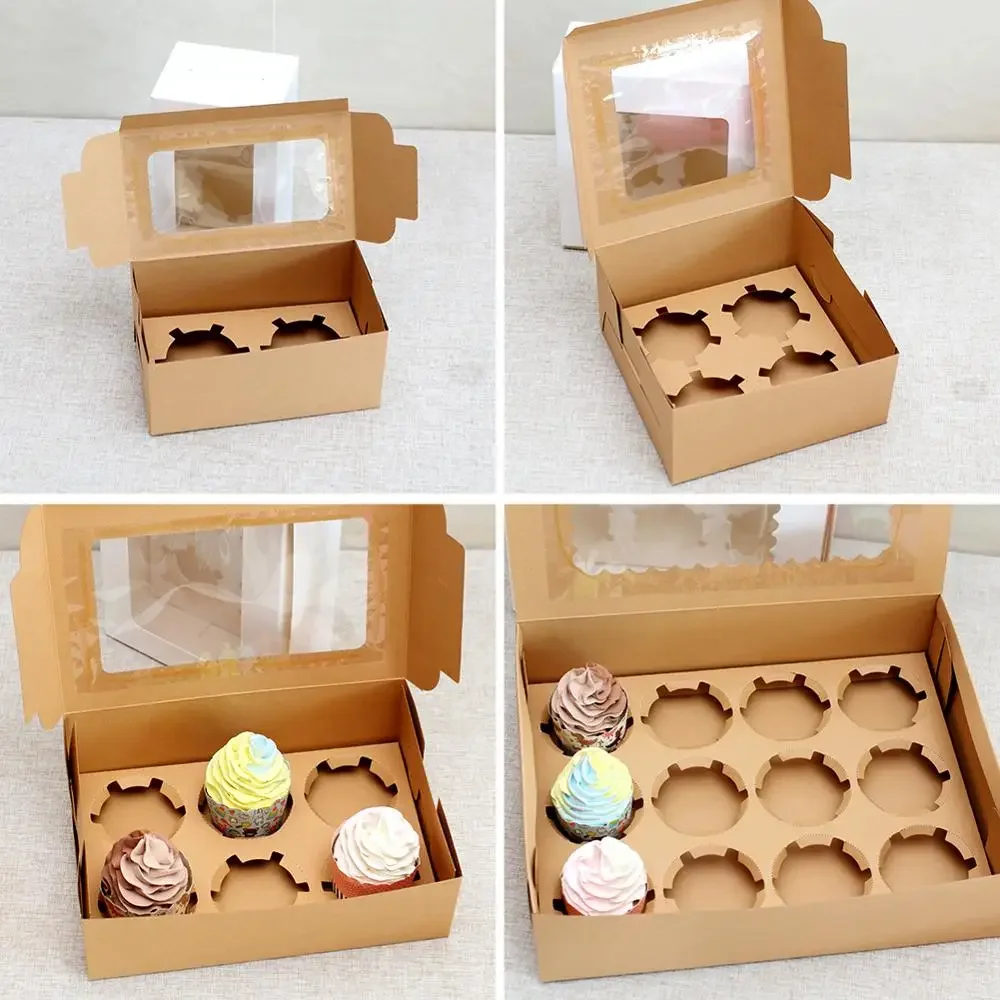 10Pcs Kraft Paper Cupcake Packing Box with Window Cardboard Cake Muffin Cookies Candy Box Wedding Party Birthday Favors 4 Sizes