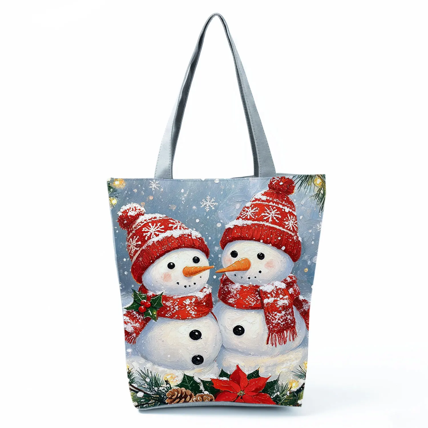 Cute Christmas Snowmen Couple Printed Handbag Women Tote Casual Shoulder Bag Foldable Shopping Bag Portable Bolso Mujer Can DIY