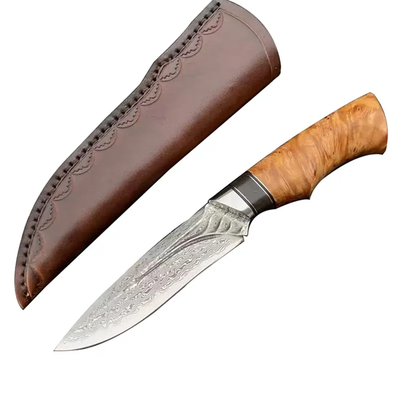 VG10 Damascus Steel Fixed Blade Knife Wooden Handle Outdoor Camping Hunting Knifes Survival Hand Tool With Leather Case