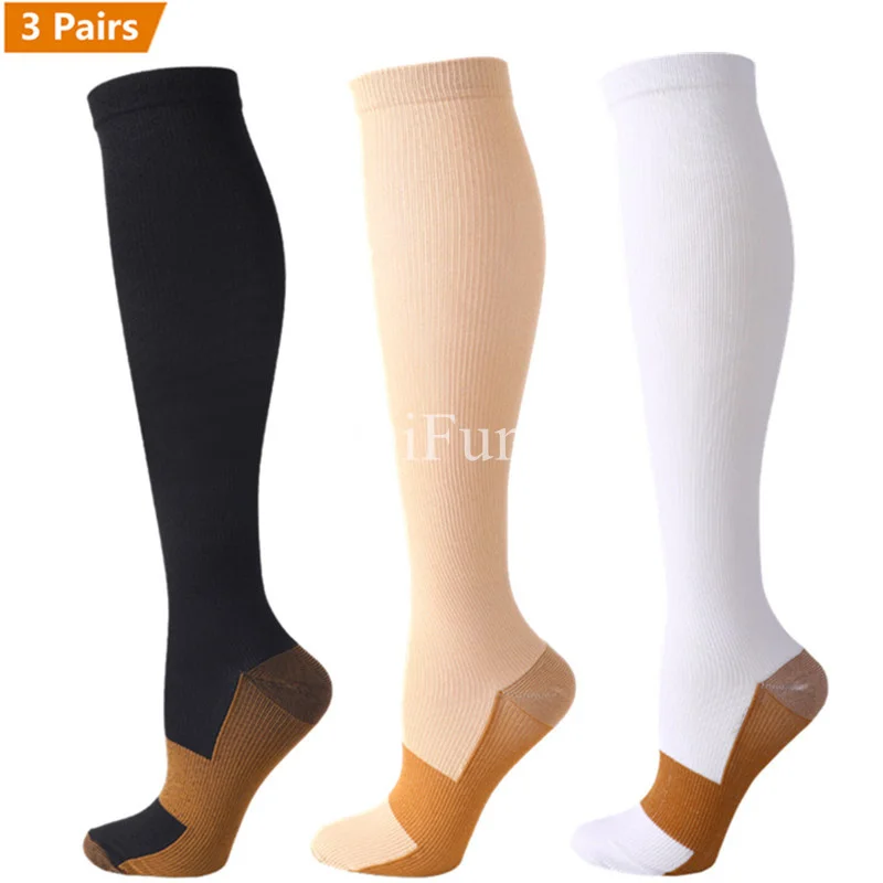 3 Pair Copper Compression Socks Women Men Anti Fatigue Pain Relief Graduated Unisex Compression Stockings Knee High 15-20 MmHg