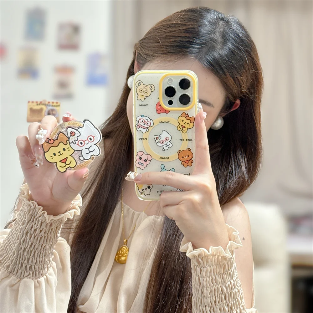 

Korean INS Cute little animals magnetic stand phone case for iPhone 14 15 16 Pro Max Cover kawaii stand Holder Anti-fall Fundas