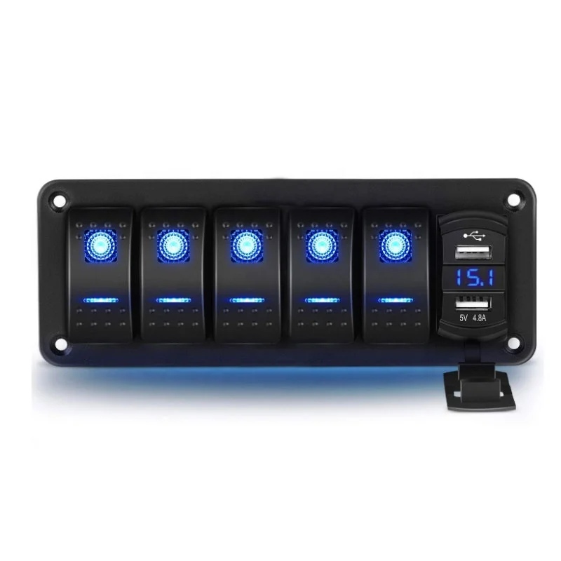 

5 Gang Rocker Switch Panel With 4.8 Amp Dual USB Charger Voltmeter Waterproof 12V 24V DC Rocker Switch With Night Glow Stickers