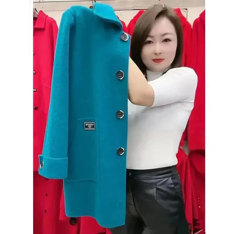 5XL High End Large Size Women Double-sided Cashmere Woolen Coat Autumn New Middle Aged Female Korean Loose Mid-Long Wool Outwear