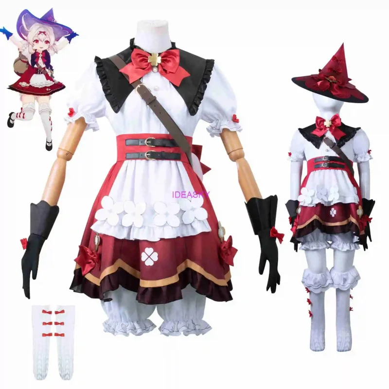 Klee Cosplay Genshin Impact Hexen schuhe für Kinder Kind Perücke und Hut plus Größe neue Haut Tasche Rucksack Kleidung Kleid Ohren Outfit Hut