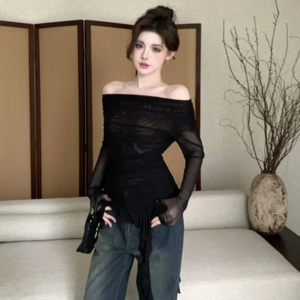 الشارع الشهير قنديل البحر شبكة حزام تي شيرت قزم كم طويل قبالة الكتف طوق سليم صالح المحاصيل القمم غير النظامية غير عادية #2