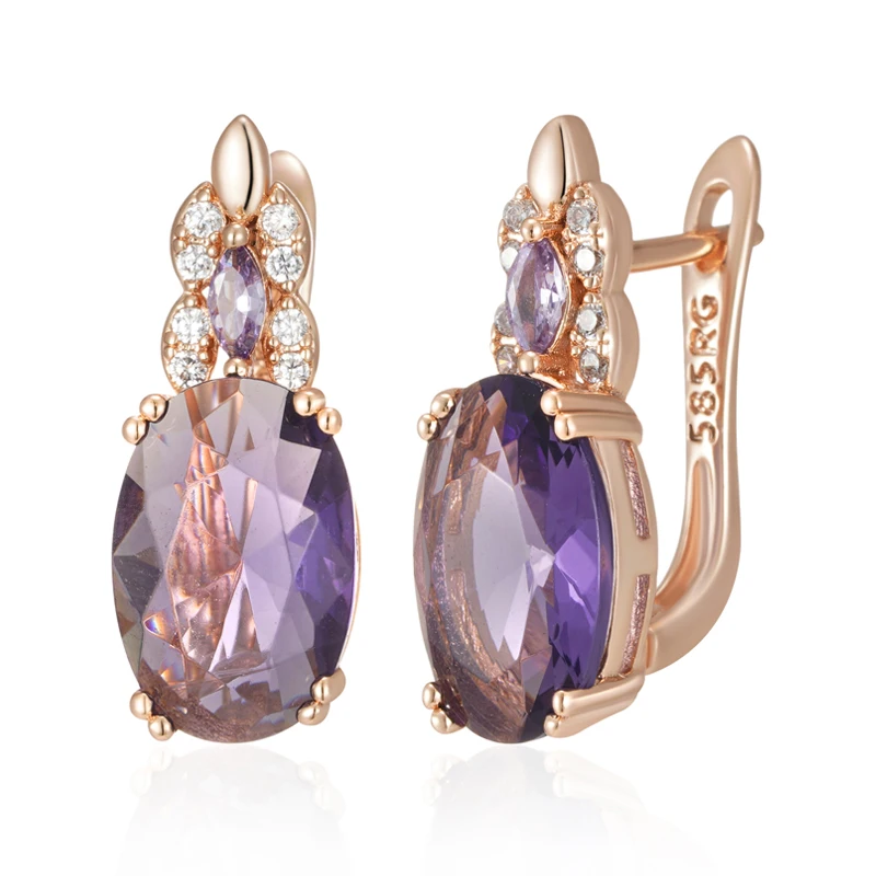 Kinel Sparkling Purple Oval Natural Zircon English Earrings for Women Fashion 585 Rose Gold Color Vintage Party Daily Jewelry