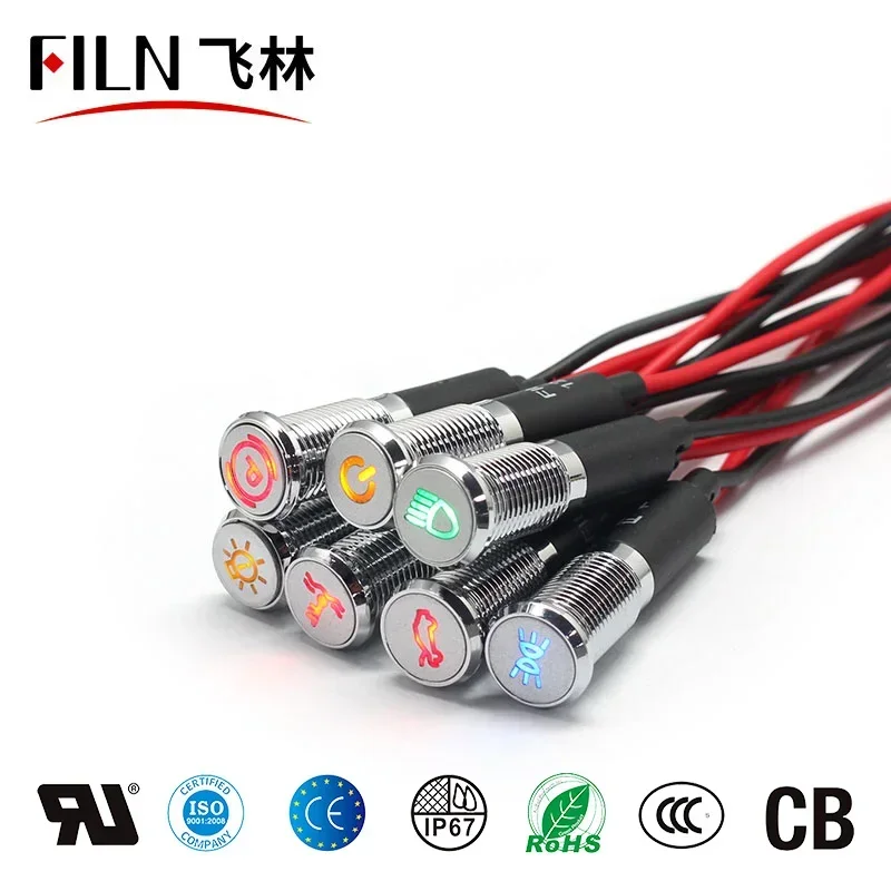 8/10/12/14/16mm Symbol LED Indicator Light 12V 24V Black Metal Indicator Dash Pilot Light with Wire Car Dashboard ruck Machinery image 3