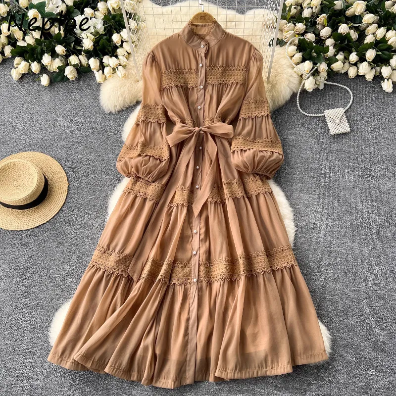 

Neploe Elegant Heavy Lace Stand Collar Dresses Y2k Single Breasted Slim Waist Vestidos 2024 Autumn New Dress for Women