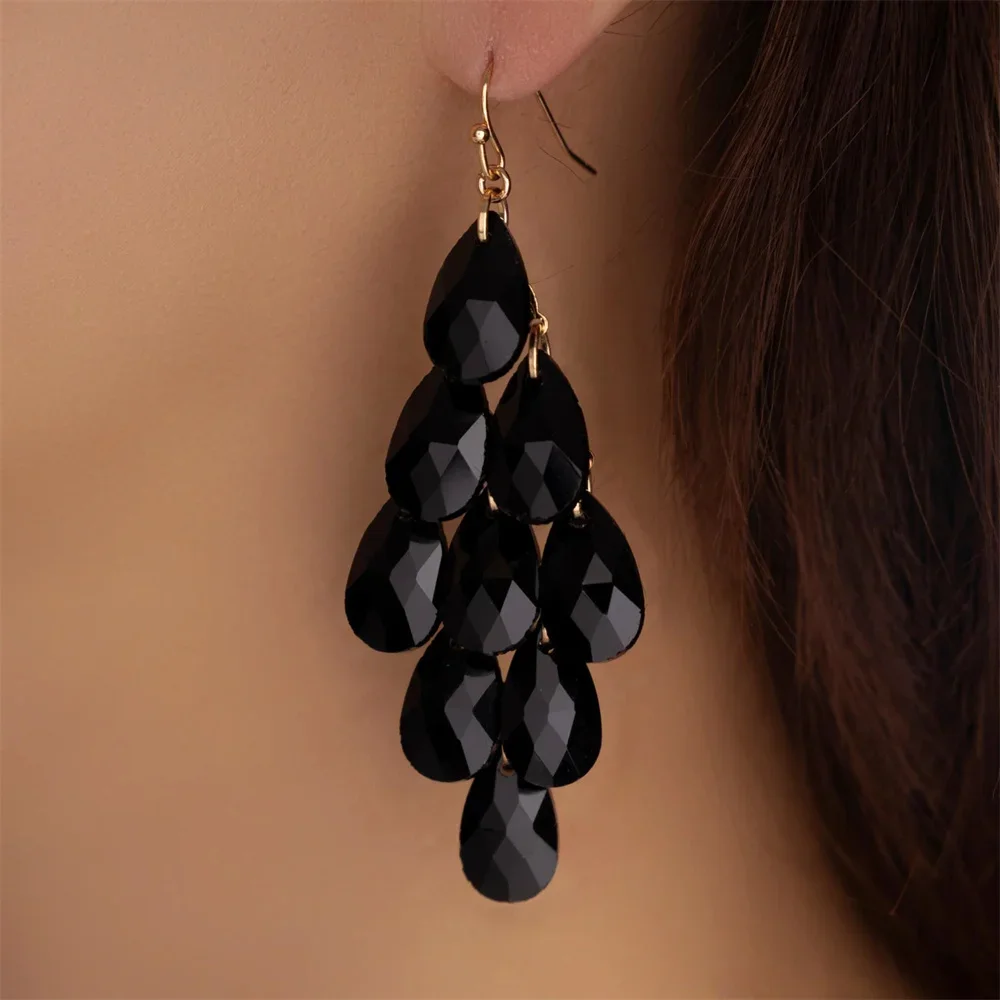 Fashion Colored Crystal Droplet Tassel Pendant Earrings For Women Female Vintage Boho Geometry Sandy Beach Jewelry Party Gift