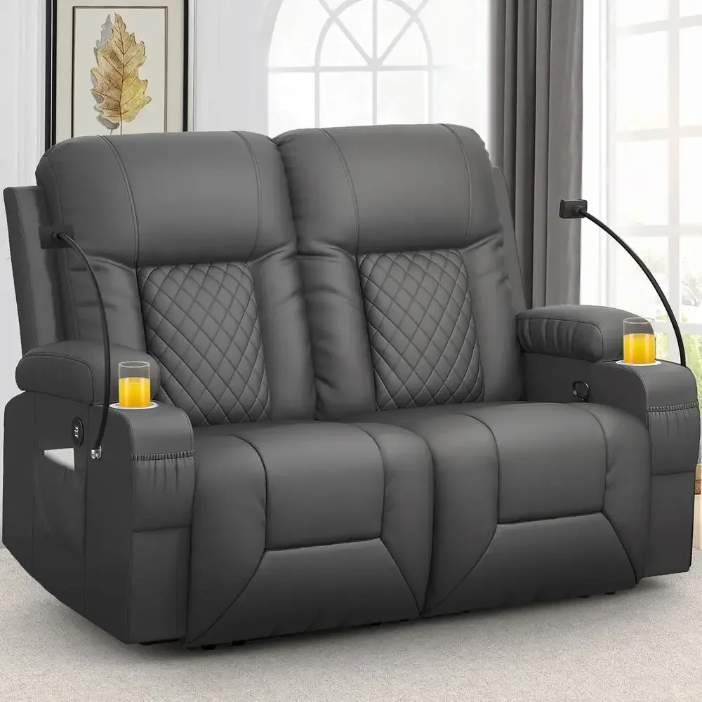 Gray 2-Seater Reclining Loveseat with Cup and Cell Phone Holders, USB Ports