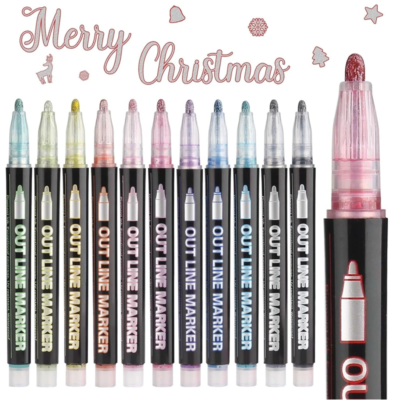 

Outline Markers, Double Line Glitter Shimmer Markers Set of 12 Colors Self-outline Metallic Markers Pens for Card Making