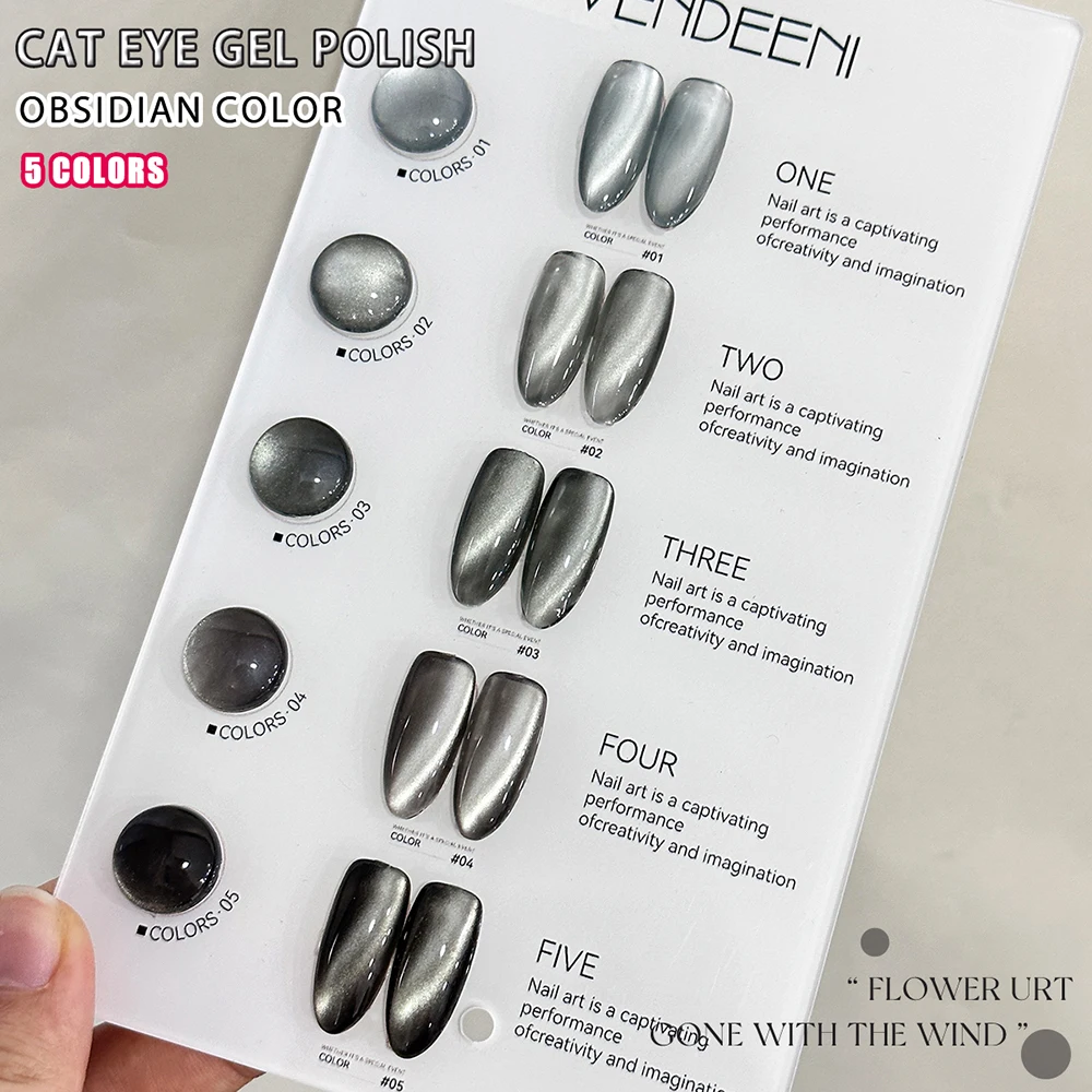 Vendeeni 5 Farben/Set Schwarzer Kristall-Katzenaugen-Gel-Nagellack Magnetischer UV-Soak-Off-Gel-Lack Obsidian-Katzenaugen-Gel mit Display – Detail 10
