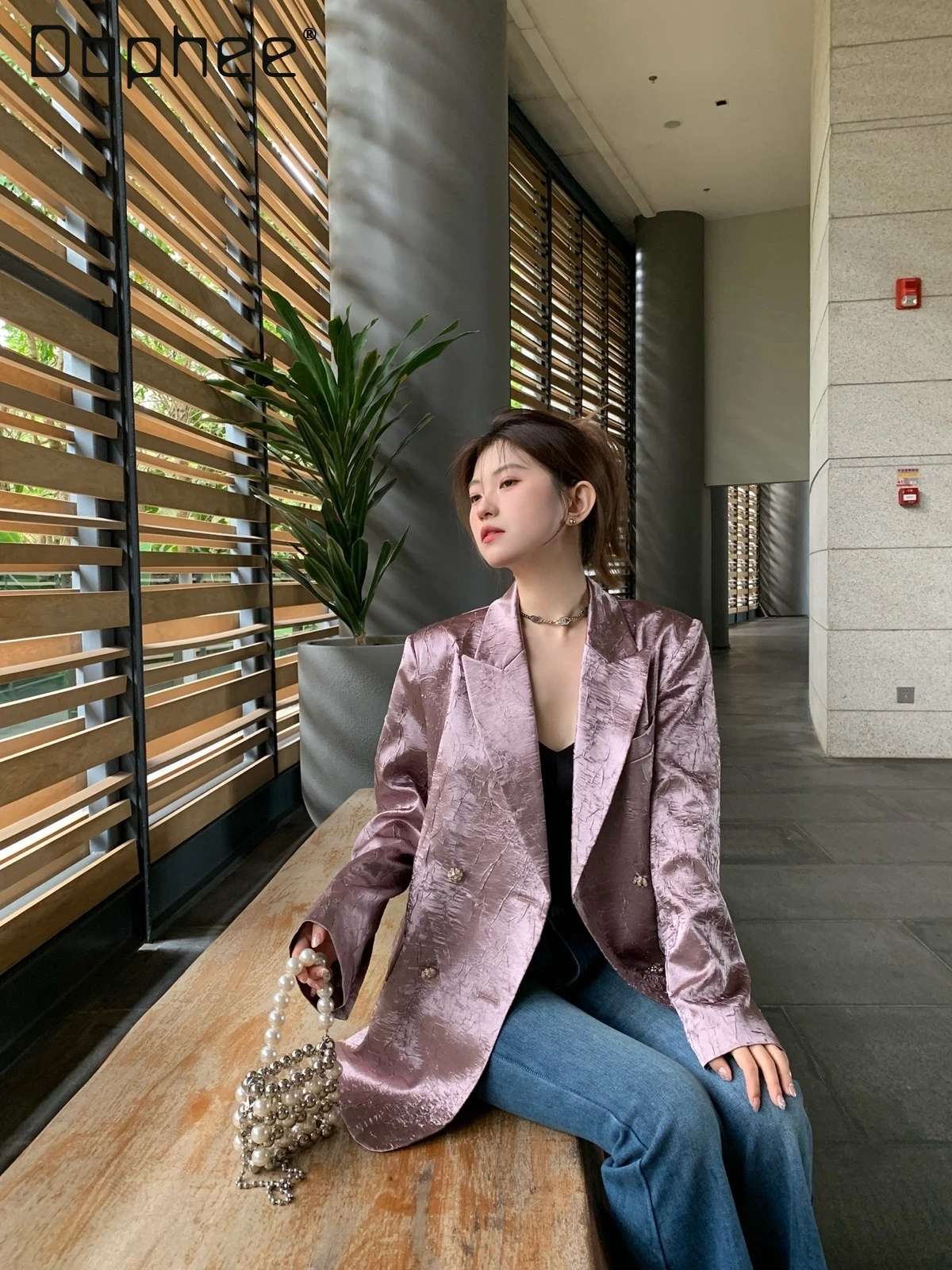 Versatile Gray Pleated Retro Heavy Industry Jacquard Blazer Women Autumn New High-end Loose Casual Suit Office Lady Fashion Top