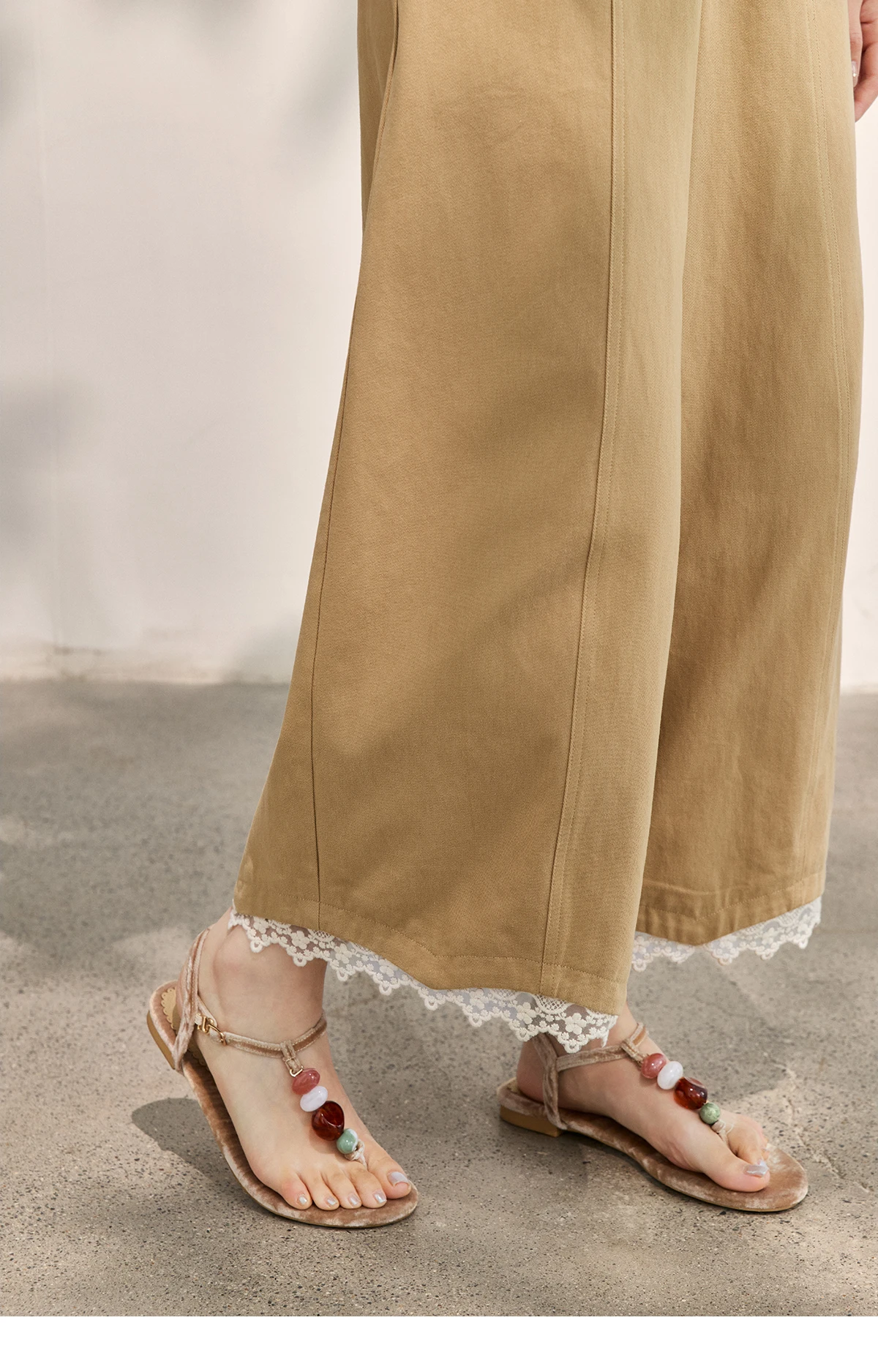 MISHOW Khaki High Waisted Wide Leg Cropped Pants For Women 2026 Summer Lace Trimmed Hem Retro Casual Loose Pants MXF24K1294