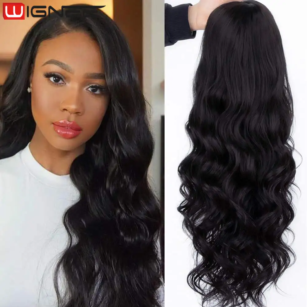 Wignee Body Wave Wig Synthetic Long Black Wig Side Part Lace Wigs For Women Long Wavy Wig Heat Resistant Cosplay Daily Halloween