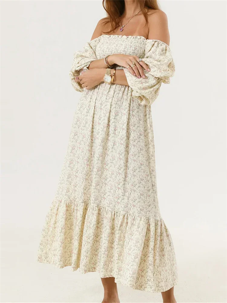 

Woman Vintage Floral Dress Puff Long Sleeve Off Shoulder Ruffle Long Dress Spring Fall Casual Vintage Bohemian Dresses