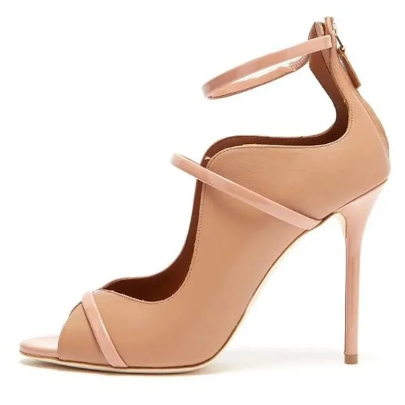 

Beige Leather Ankle Strap High Heels Pumps 12cm Peep Toe Back Zipper Women Shoes High Heels Cut-out Patchwork