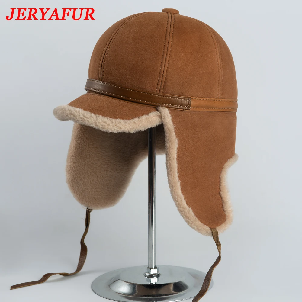 JERYAFUR High Quality 2023 Winter Leather Hat Men Fur Lamb Wool Warm Thick Earflaps Bomber Hats Men\'s Baseball Cap Russian Hat