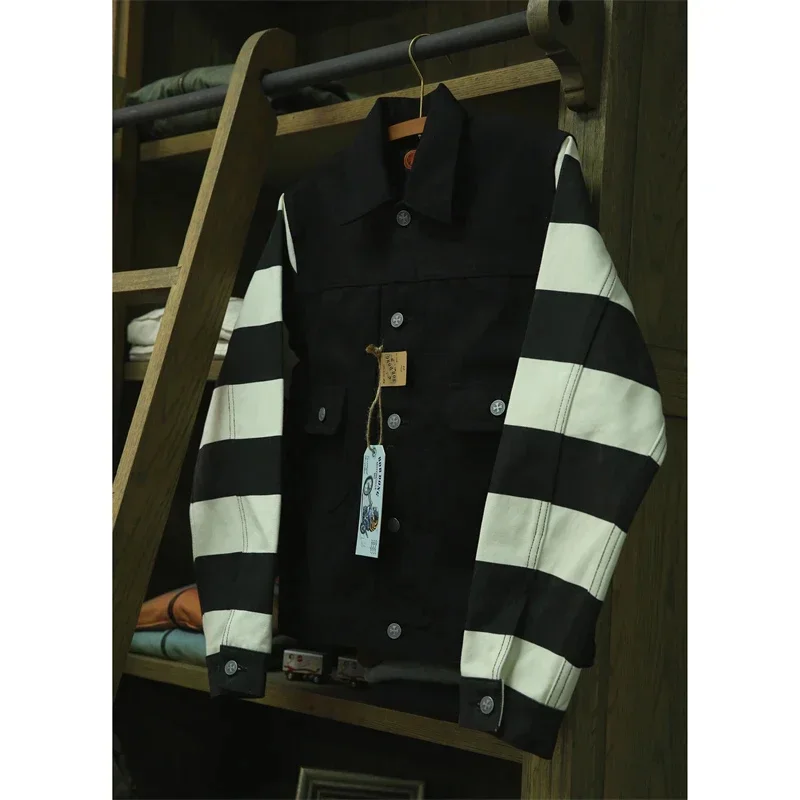 BOB DONG Black White Stripes 507XX Canvas Jacket Vintage Rugged Style Biker Coat Men