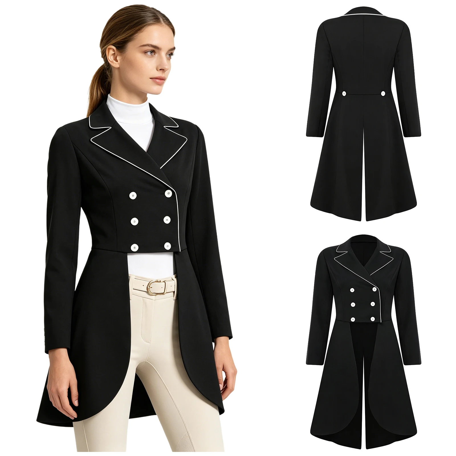 

Womens Equestrian Dressage Jacket Outerwear Long Sleeve Double-breasted Horse Riding Tailcoat for Mounted Games Finals Show