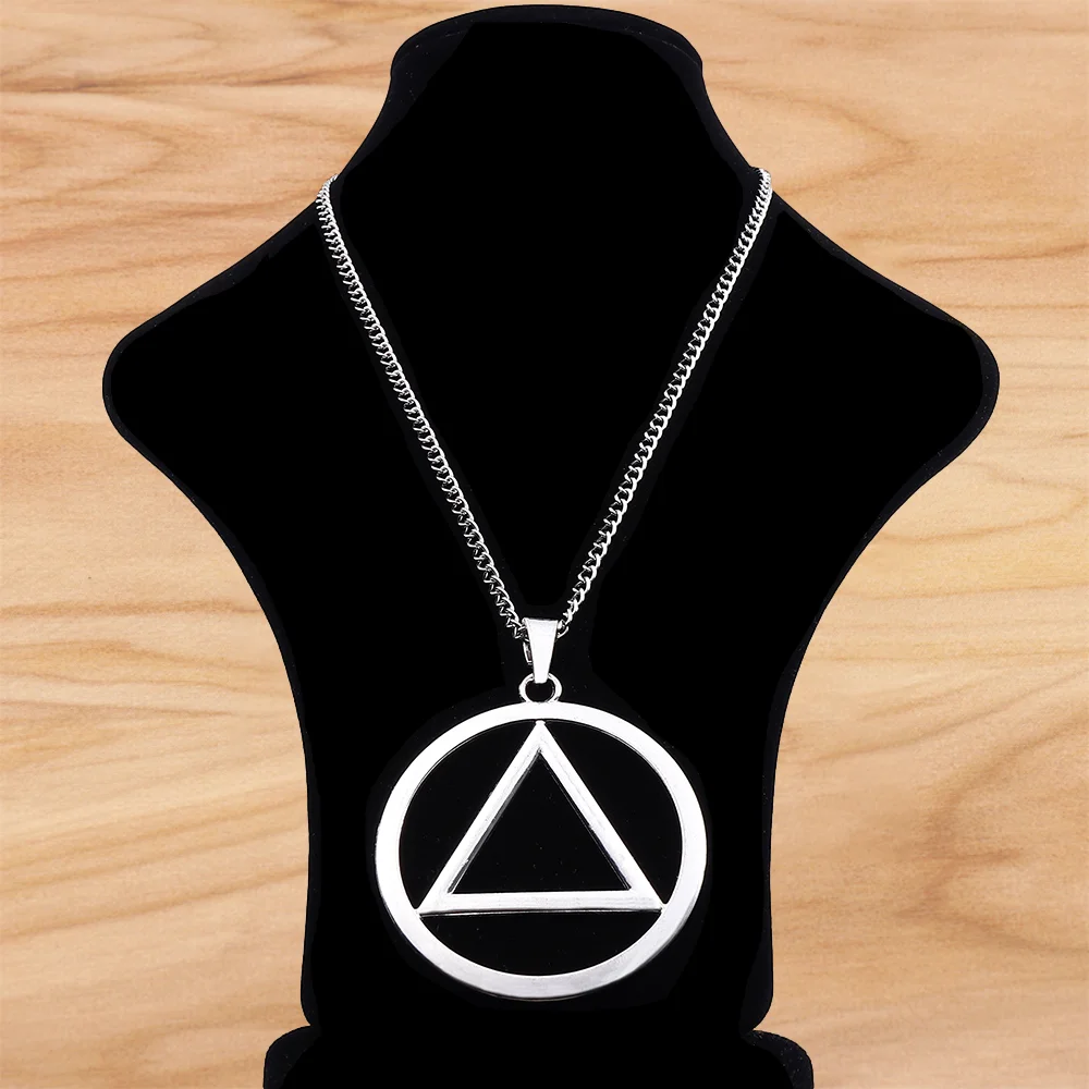 Tibetan Silver AA Recovery Circle Triangle Symbol Round Pendant on Long Chain Necklace Lagenlook 34 Inches for Jewelry Women