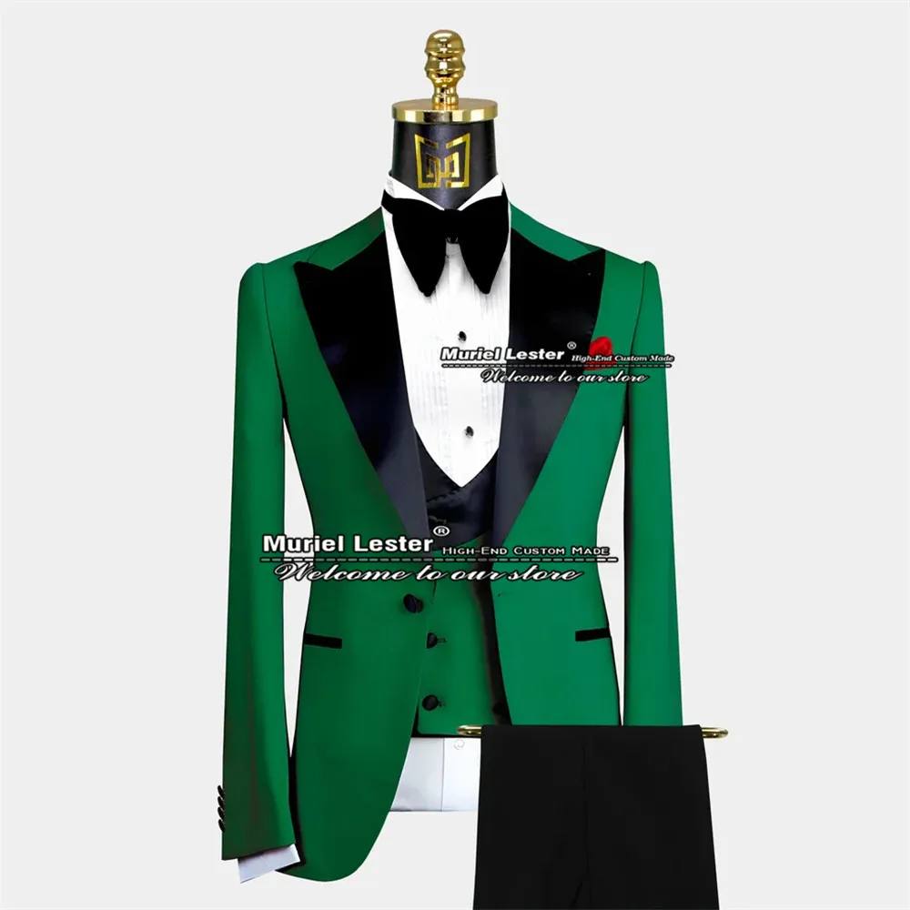 Customized Green Men Suits Formal Jacket+Vest+Pants 3 Pieces Smoking Business Black Shawl Lapel Blazer Costume Homme Mariage