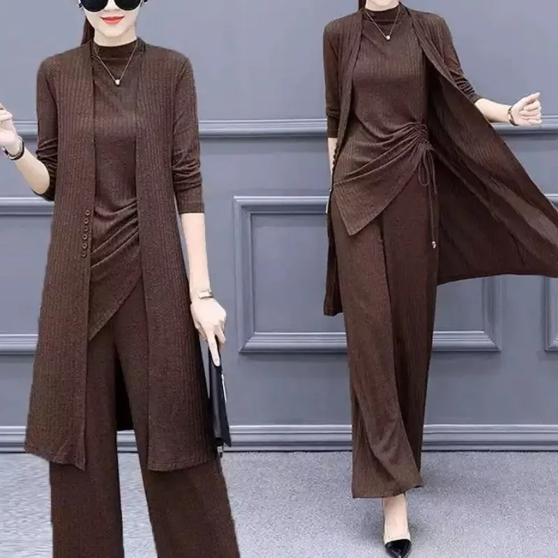 Commute Women's Solid Color Long Sleeved Round Neck Three Piece Knitted Sweater New Spring Summer Fashion Wide Leg Pants Sets