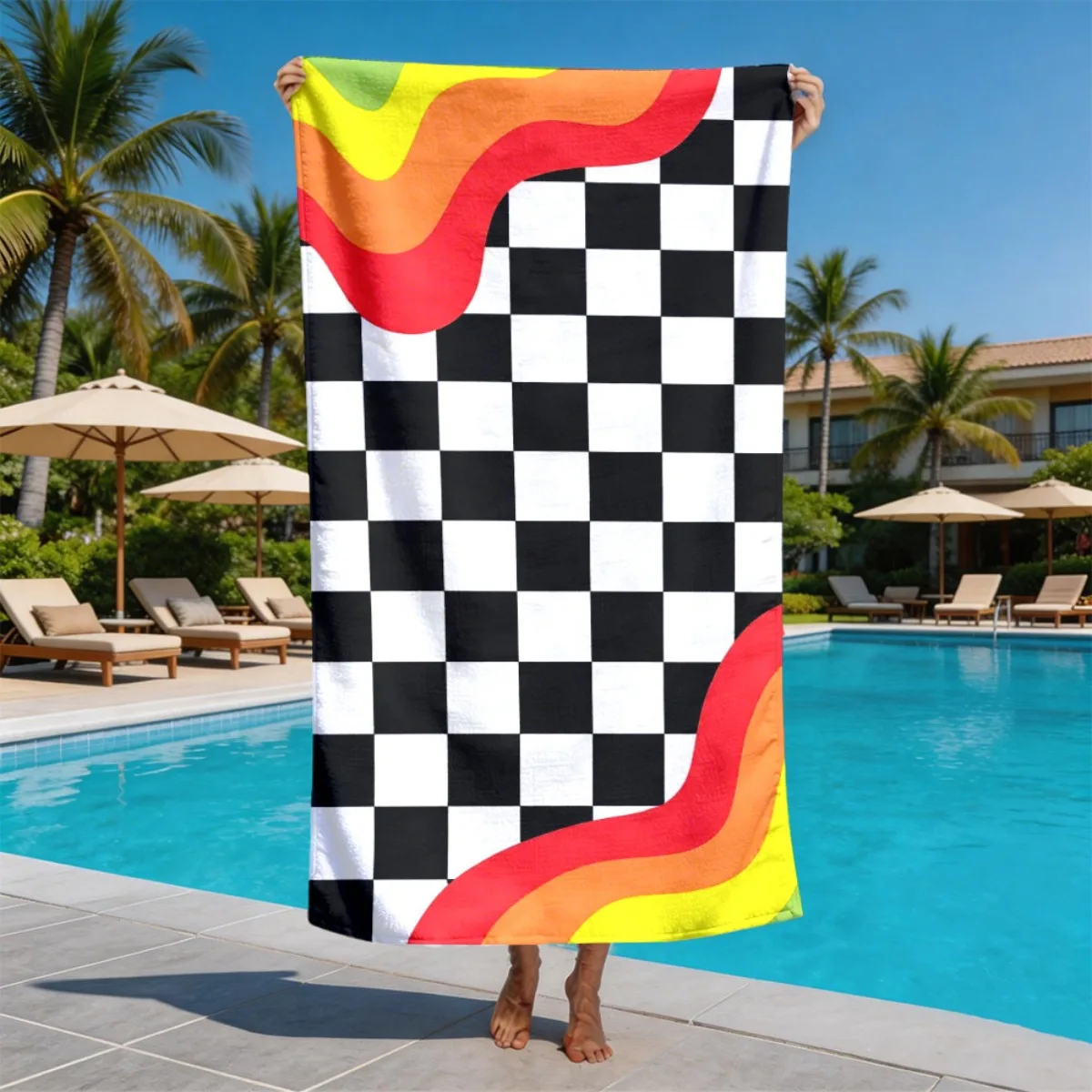 Retro psychedelic checkerboard pattern polyester microfiber beach towel is highly absorbent, suitable swimming and beach outings