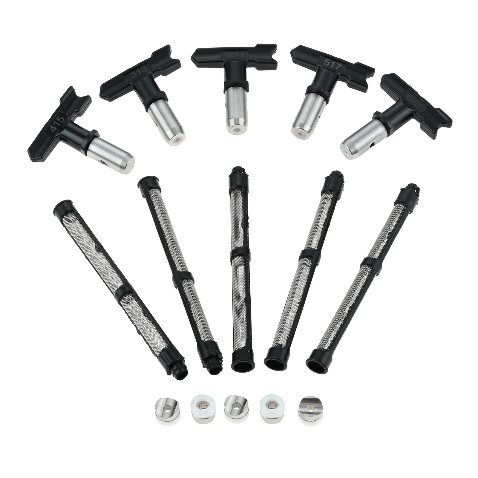 Boquillas de pulverización sin aire con punta de pulverización Reversible, 5 filtros de pintura de piezas para pistolas de pulverización de pintura sin aire, 211/313/415/517/623, 5 piezas
