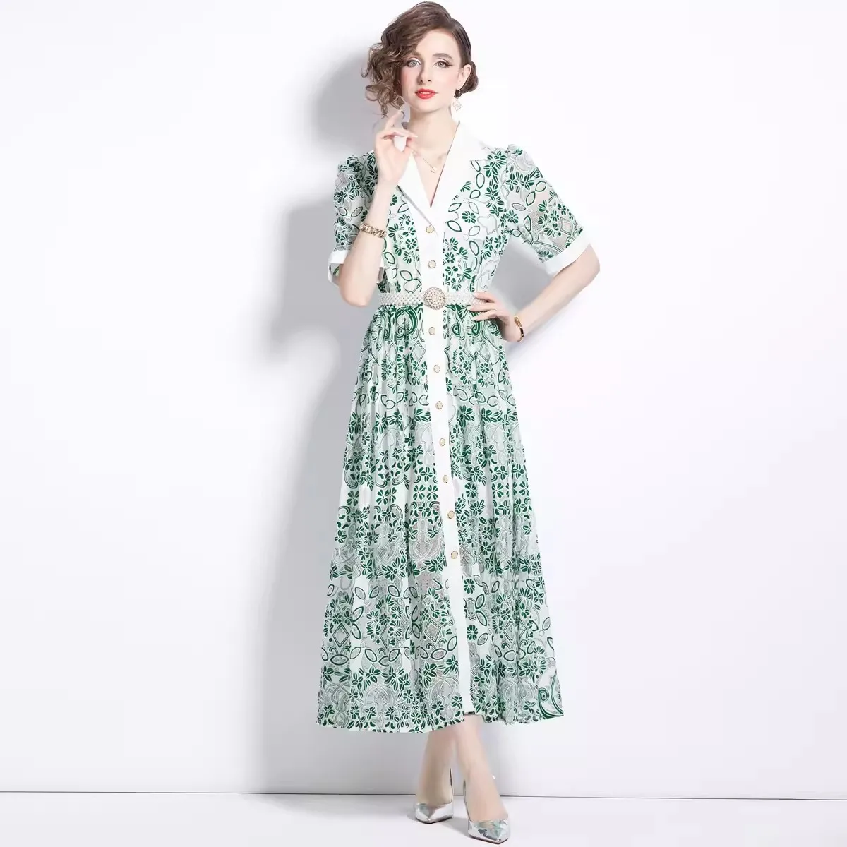 

Fashion Crochet Hollow Out Embroidery Midi Dresses Womne's Summer Notched Single Breasted Beaded Belt Party Robes Vestidos