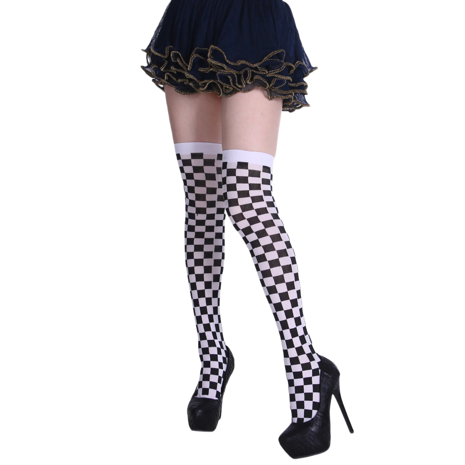 1 Paar Damen Halloween-Strümpfe mit Gittermuster, Cosplay Gestreifte Strumpfhosen, Hochelastische Party-Clown-Strickstrümpfe – Detail 3