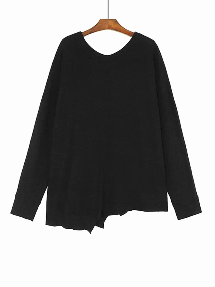 XITAO Asymmetric Knit Pullovers Solid Color V-neck All-match Women Spring Loose Simplicity Temperament Sweaters LYD1291