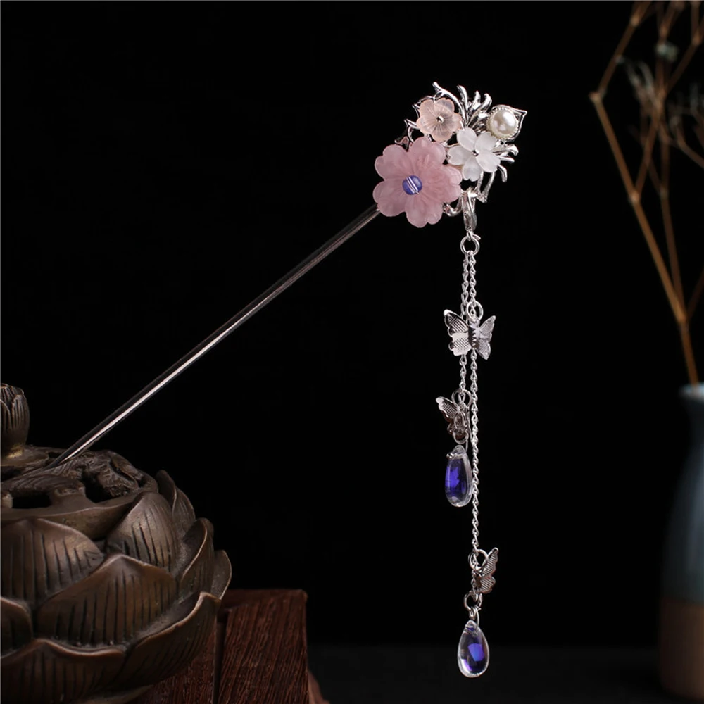 Bridal Headdress Flower Ancient Style Chinese Crystal Tassel Hairpin Plate Hair Fork Pearl Hair Sticks Hanfu Hair Accessories