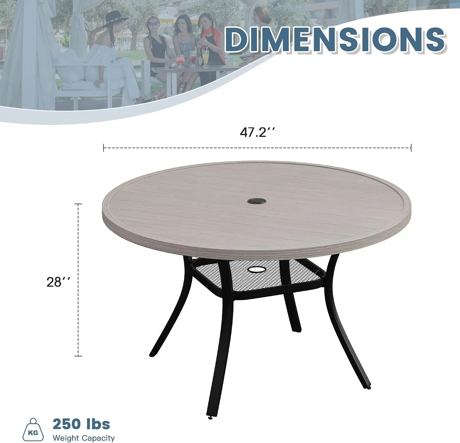 Patio Round 48 Inch Dining Table 6 Seater Outdoor Metal 157 Inch Umbrella Hole Backyard Lawn Garden Grey Wood Like