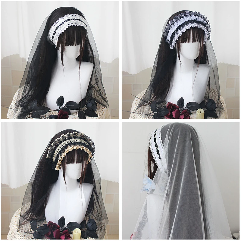 Frauen Schwarz Schleier Kopfschmuck Nonne Cosplay Kostüm Gothic Lolita Halloween Party Rolle Spielen Kopftuch Anime Maid Haar Zubehör