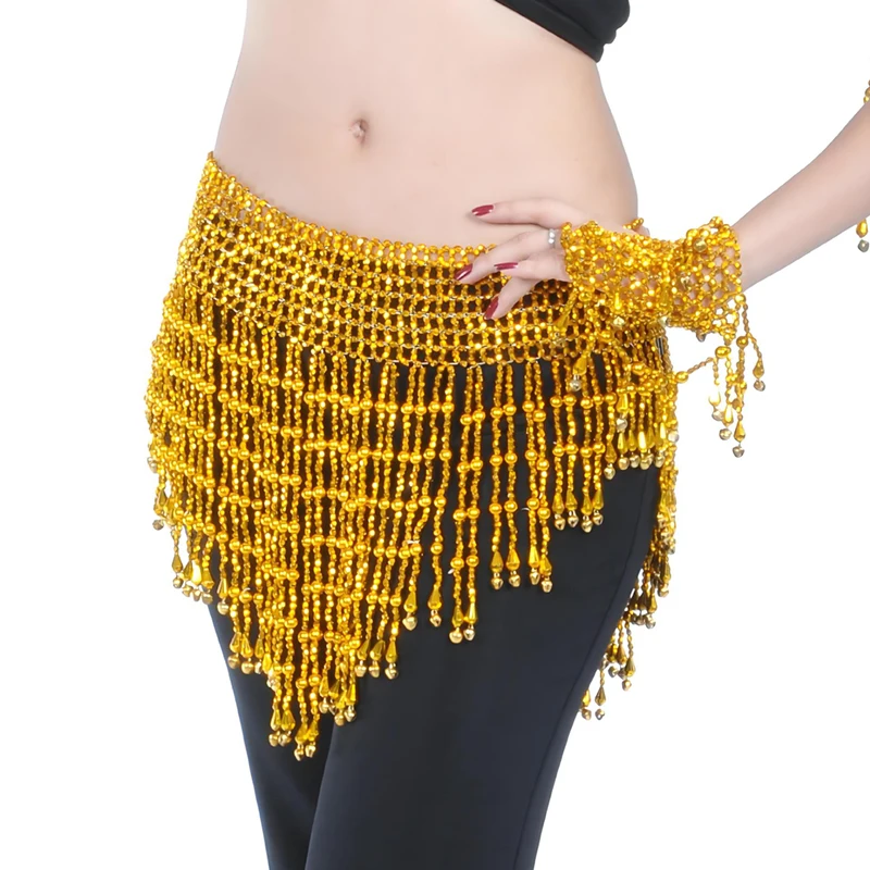 Campana redonda con cuentas doradas y plateadas, cinturones elásticos para danza del vientre Oriental, bufanda de cadera con campana para mujer, accesorios de cadena de cintura para danza india