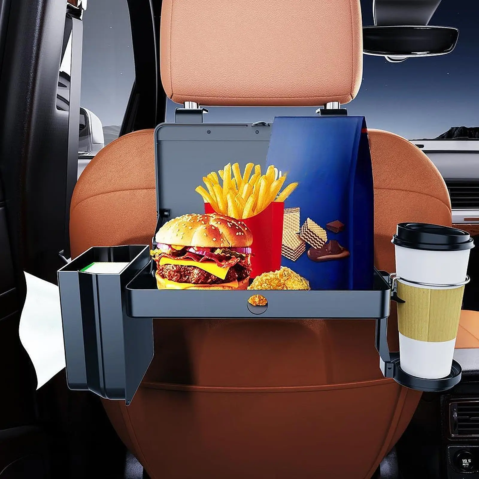 

Generic Car Back Seat Tray Table Auto Headrest Table Foldable Tissue Box Stable Tablet Holder for Laptop Snack Travel