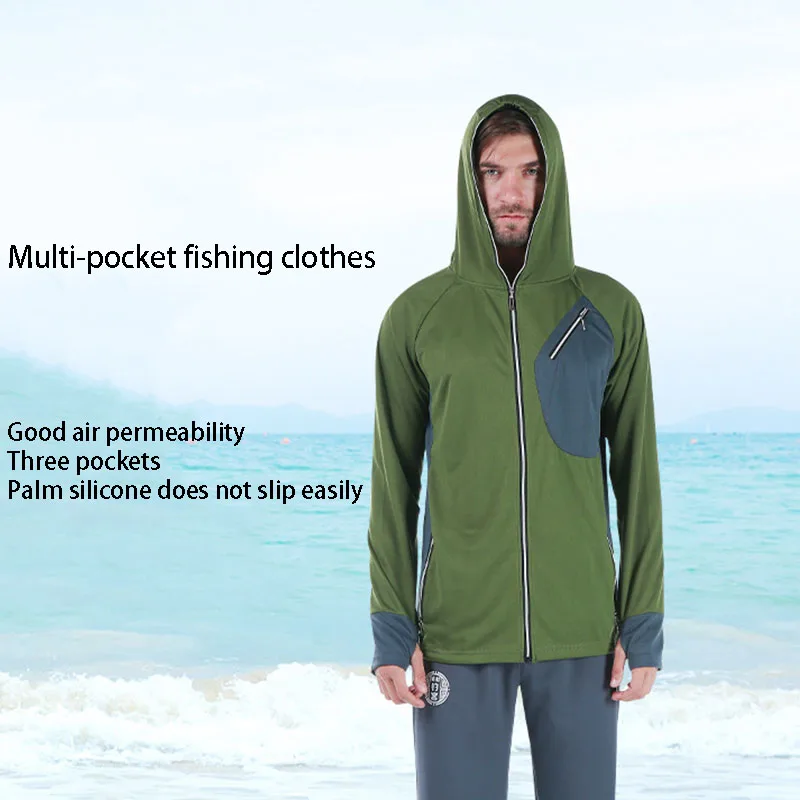 Men's Hooded Fishing Shirt with Pockets Summer Sunscreen Outdoor Fishing Coat Breathable Soft Polyester Fishing Sport Clothes