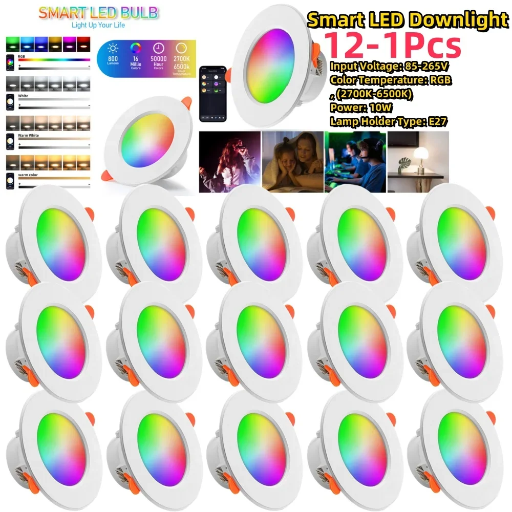 12-1 szt. Żarówka LED RGB Tuya Możliwość przyciemniania Downlight Spotlight Lampa kompatybilna z Bluetooth 10/15W Sterowanie aplikacją GB + CW + WW