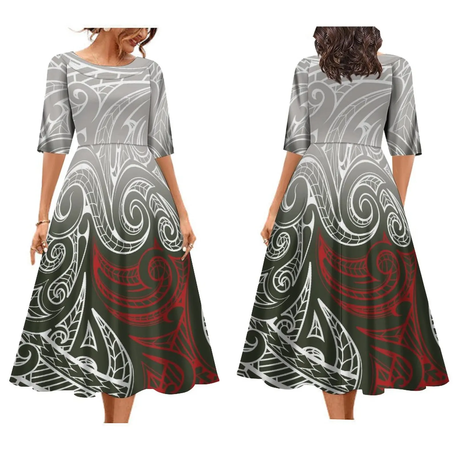 

Wholesale Custom Tapa Polynesian Dress Half Sleeve Swing Fit and Flare Pleated Long Dresses Pacific Island Design Ladies Dress