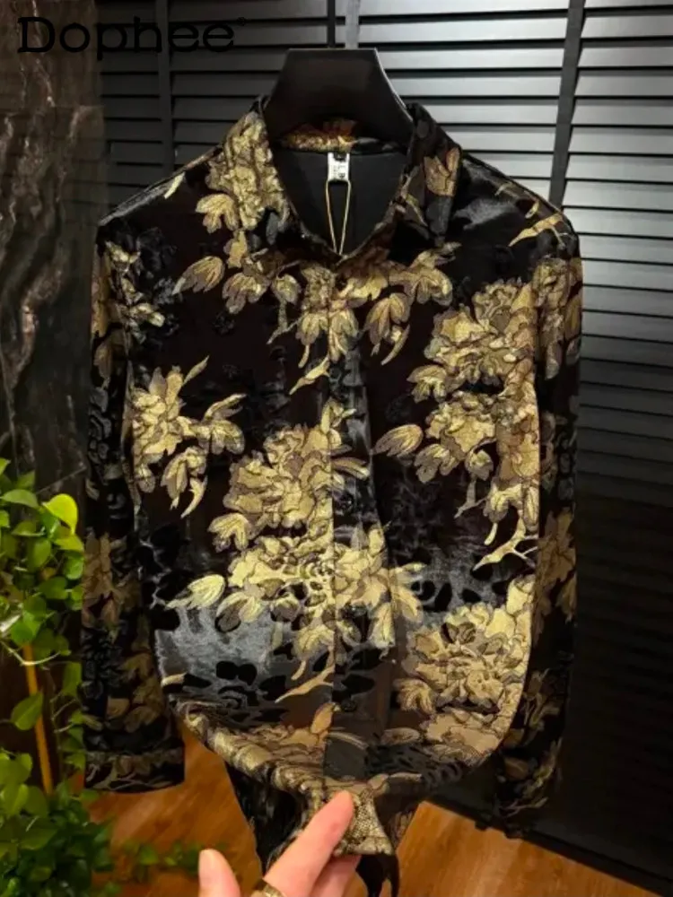 Camicia da uomo con colletto rovesciato a maniche lunghe stampata in velluto autunno inverno Camicia da uomo elegante di alta qualità di tendenza della moda